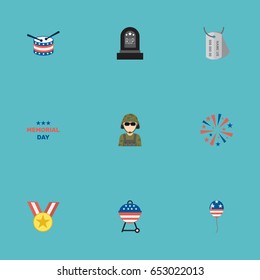 Flat Holiday, Medallion, Firecracker And Other Vector Elements. Set Of History Flat Symbols Also Includes Holiday, Medal, Army Objects.