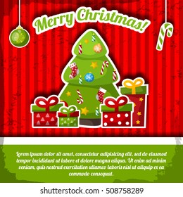 Flat holiday postcard with decorated christmas tree present boxes and text field on green background vector illustration