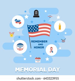 Flat Holiday, Usa Badge, Medallion And Other Vector Elements. Set Of History Flat Symbols Also Includes Grave, Award, Ribbon Objects.