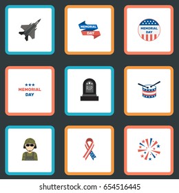 Flat Holiday, Usa Badge, Military Man And Other Vector Elements. Set Of Memorial Flat Symbols Also Includes Firework, Grave, Plane Objects.