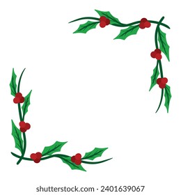 Flat Holly Berry Leaves Corner Border for Christmas Element Decoration Cute Cartoon Animated Winter Template Isolated on White background