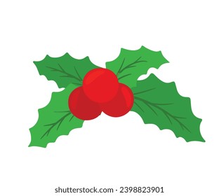 Flat Holly Berry Leaves Icon for Christmas Element Decoration Cute Cartoon Animated Winter Template Isolated on White background