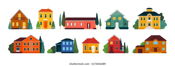 Flat Home Buildings. Modern Neighborhood Village. New Cabin Residential Or Household Group. Town Landscape Elements Set. Isolated Country Houses With Roofs And Windows. Vector Design Icon