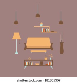 Flat home interior. Modern design. Retro apartment elements. Simple decoration. Sofa, footrest, lamp, shelf, table, books, plants, vase, plates, clock. Living room template. Easy to edit.
