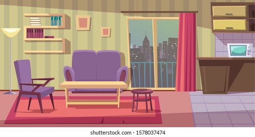Flat home living room interior in studio apartment. Kitchen, rest zone. Cozy place design with sofa, armchair, coffee-table, stool on carpet. Well equipped cooking space. Vector cartoon illustration