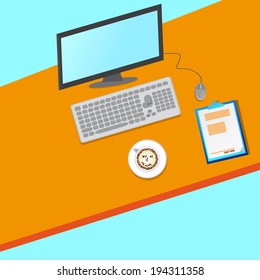 Flat Home Office With Contract and Computer In Orange Color