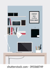 Flat home office interior illustration with desktop