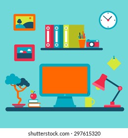 Flat home office interior outsourcing distant work concept flat set telework workplace office vector web banners illustration print materials website infographics elements collection