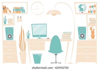 Flat  Home office interior. Interior of working place concept in flat design. Workspace, workplace icons and elements in minimalistic style and color.