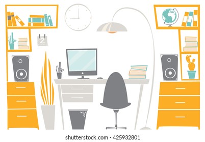 Flat Home office interior. Interior of working place concept in flat design. Workspace, workplace icons and elements in minimalistic style and color.