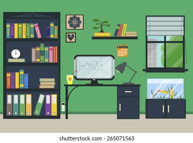 Flat home or office workplace with computer, table, folders, calendar, bookcase, aquarium. Modern trendy design for card, notebook cover, web site, banner, brochure for business. Vector illustration