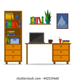 Flat home or office workplace with table, bookcase, shelf. Modern trendy design for card, web site, banner, brochure for business. Vector illustration