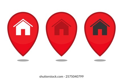 Flat home pin icons with shadows underneath. Vector icons for indicating a home or residential location