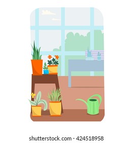 Flat home plants and watering can, window as background. Floral interior. Green natural house. Flowers indoor. Houseplants and watering can. Green housework. Home plants in pots.