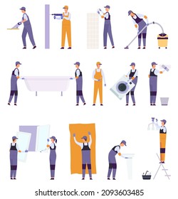 Flat home repair service workers, plumber and handyman. People in uniform renovate apartment. Painter, electrician and carpenter vector set. Illustration of worker repair service