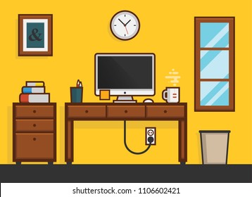 Flat home work desktop workplace, with table, cabinet and books. Creative furniture interior vector illustration and icons