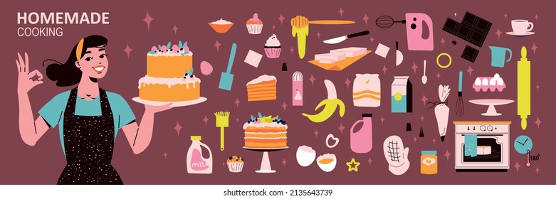 Flat homemade cooking big icon set baker baking ingredients and baking equipment vector illustration