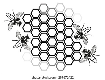 Flat Honey Bee in Honeycomb Illustration Silhouette. Editable Clip Art.