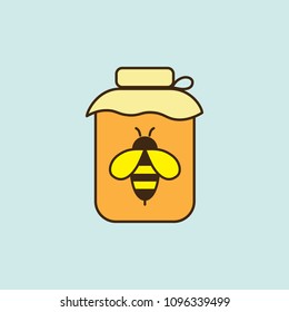 flat honey jar with bee color icon on blue background