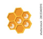 Flat honeycomb icon with bee larvae isolated on white background. Hexagonal beeswax vector illustration representing honey production, bee colony, and beekeeping