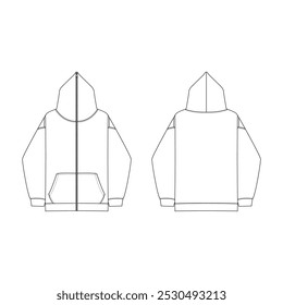 Flat Hoodie Mockup Template - Full-Zip Sweatshirt Design for Men's or Unisex Fashion Tech Packs