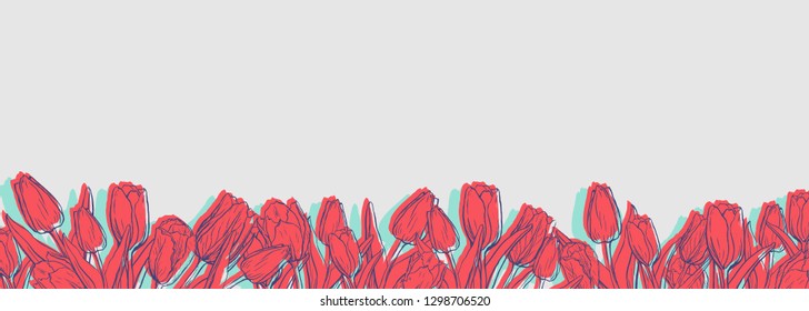 Flat horizontal background template with hand drawn tulips. Ink sketch of  spring flowers. Elements for design in pale tender colors.
