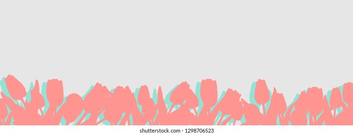 Flat horizontal background template with hand drawn tulips. Ink sketch of  spring flowers. Elements for design in pale tender colors.
