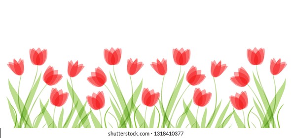 Flat horizontal background template with hand drawn pastel colors tulips. Spring flowers. Elements for design, scrapbooking, packaging, wallpaper