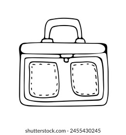 Flat horizontal bag. Bag with external pockets for personal belongings, documents, laptop. Bag for vacation, moving, business trip.Hand drawing black line doodle vector illustration. Isolated on white