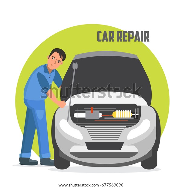 Flat horizontal banner for car repair\
services. Car service and repair vector banner. Auto service\
business concept\
illustration.