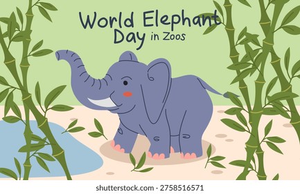 Flat horizontal banner with cute elephant walking towards the water, bamboo plants and water pond. World Elephant Day in Zoos text for holiday celebration, children poster or greeting card.