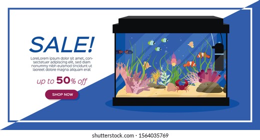 Flat horizontal banner with decorated fish aquarium on sale vector illustration