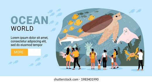 Flat horizontal banner with families watching ocean animals in aquarium vector illustration