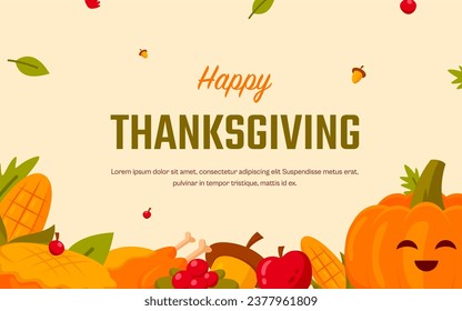 Flache horizontale Bannervorlage für Thanksgiving mit Lebensmitteln