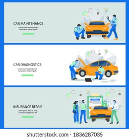 Flat horizontal banners for car service or tire service with cartoon mechanics characters, flat vector illustration. Car repair workshop advertising posters bundle.