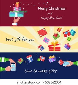 Flat horizontal banners with color gifts box and hand in christmas winter clothes holding  phone gadget gives or get Christmas gifts presents. Concept of online shopping