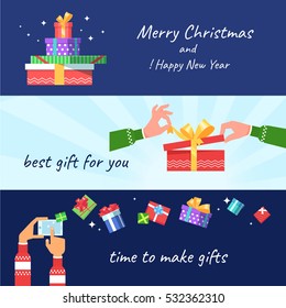 Flat horizontal banners with color gifts box and hand in christmas winter clothes holding a phone gadget gives  or get Christmas gifts presents. Concept of online shopping