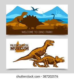 Flat horizontal banners of dino park and paleontological museum with dinosaurs and its skeletons silhouettes vector illustration