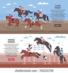 Flat horizontal banners with horse riding with hurdles and polo players  during game isolated vector illustration 