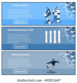 Flat horizontal banners on the theme of snowboarding, extreme sports, winter sports. Snowboard theme banners set. Vector illustration.
