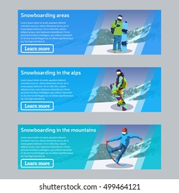 Flat horizontal banners on the theme of snowboarding, extreme sports, winter sports. Snowboard theme banners set. Vector illustration.