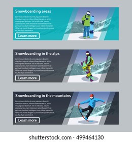 Flat horizontal banners on the theme of snowboarding, extreme sports, winter sports. Snowboard theme banners set. Vector illustration.