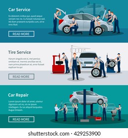 Flat horizontal banners with scenes presents workers in car service tire service and car repair vector illustration