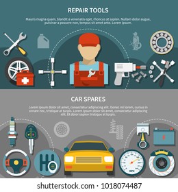 Flat horizontal banners set with car spares and different tools for repairing automobiles in tire service isolated vector illustration