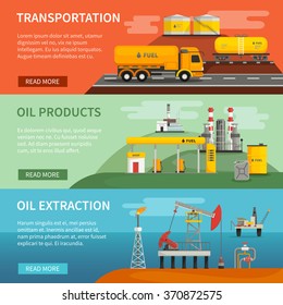 Flat horizontal banners set of oil petrol industry segments extraction transportation and products vector illustration