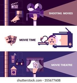 Flat horizontal cinema banners with shooting moives and moive theatre icons vector illustration