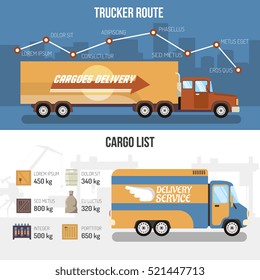Flat horizontal delivery trucks banners presenting trucker route and cargo list isolated vector illustration