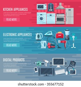 Flat horizontal household banners set of kitchen equipment electronic appliances and digital products vector illustration   