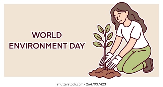 Flat horizontal illustration of woman planting young tree in soil with World Environment Day text and eco message, banner, copy space