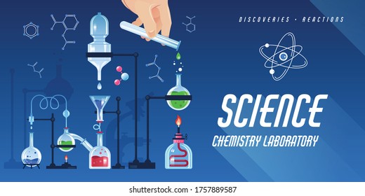 Flat horizontal poster with laboratory equipment for tests on blue background vector illustration
